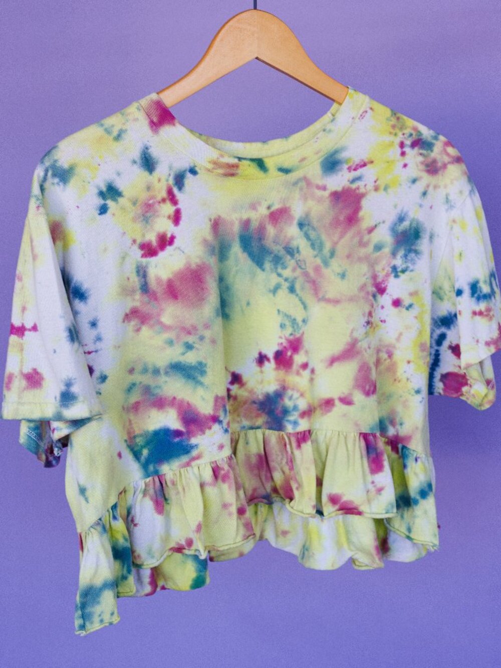 Upcycled Pastel Tie Dye Ruffle Crop Top Size L